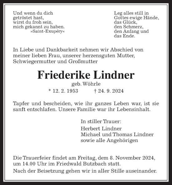 Traueranzeige von Friederike Lindner von Butzbacher Zeitung