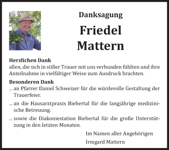 Traueranzeige von Friedrich Mattern von Giessener Allgemeine, Alsfelder Allgemeine