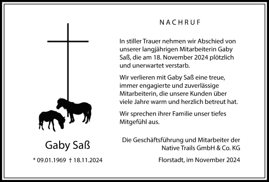 Traueranzeige von Gaby Saß von Kreis-Anzeiger, Wetterauer Zeitung