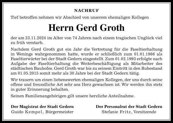 Traueranzeige von Gerd Groth von Kreis-Anzeiger