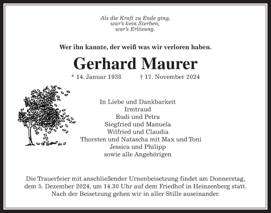 Traueranzeige von Gerhard Maurer von Usinger Anzeiger