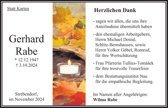 Traueranzeige von Gerhard Rabe von Oberhessische Zeitung