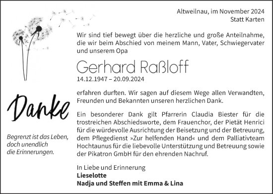 Traueranzeige von Gerhard Raßloff von Usinger Anzeiger, Usinger Anzeigenblatt