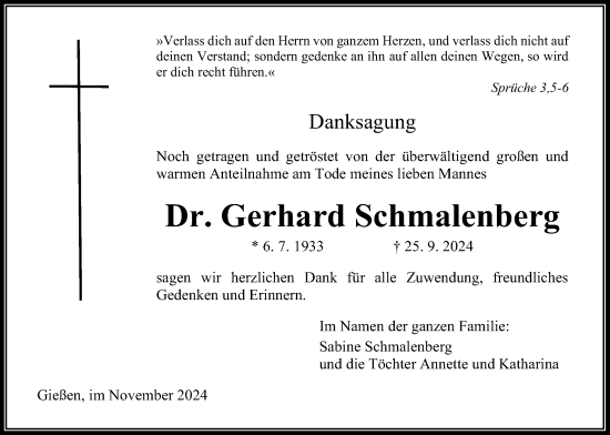 Traueranzeige von Gerhard Schmalenberg von Giessener Anzeiger, Giessener Allgemeine, Alsfelder Allgemeine