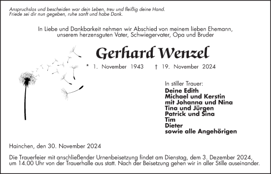 Traueranzeige von Gerhard Wenzel von Kreis-Anzeiger