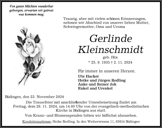 Traueranzeige von Gerlinde Kleinschmidt von Kreis-Anzeiger