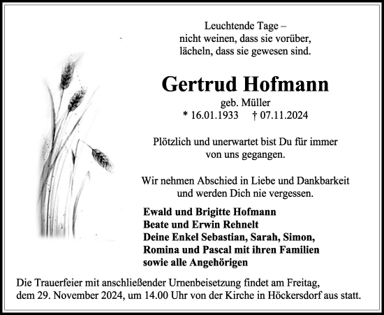 Traueranzeige von Gertrud Hofmann von Mücker Stimme, Alsfelder Allgemeine, Oberhessische Zeitung