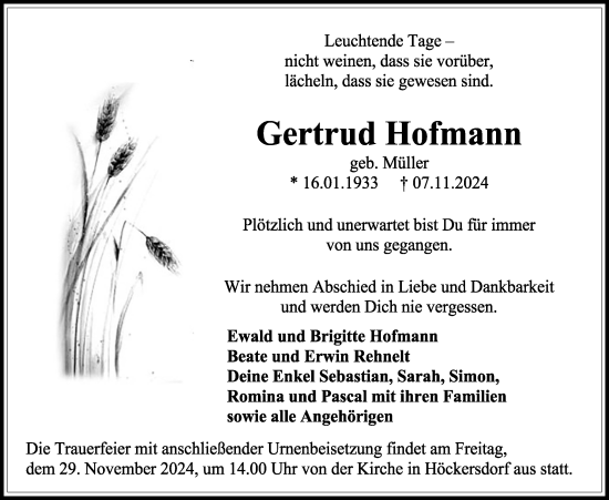 Traueranzeige von Gertrud Hofmann von Mücker Stimme