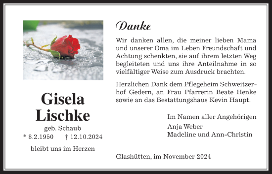Traueranzeige von Gisela Lischke von Kreis-Anzeiger