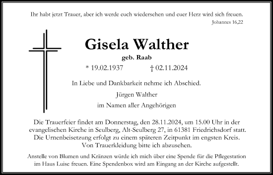 Traueranzeige von Gisela Walther von Bad Vilbel/Karben