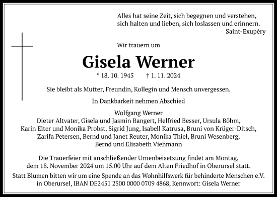 Traueranzeige von Gisela Werner von Usinger Anzeiger, Usinger Anzeigenblatt