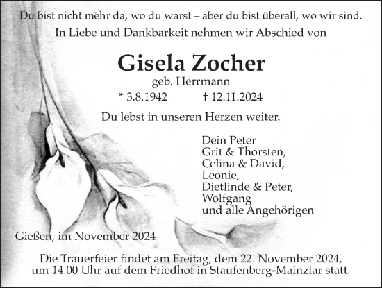 Traueranzeige von Gisela Zocher von Giessener Allgemeine, Alsfelder Allgemeine