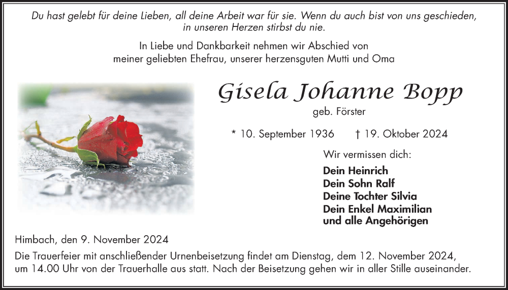  Traueranzeige für Gisela Johanne Bopp vom 09.11.2024 aus Kreis-Anzeiger