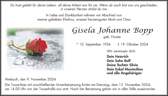 Traueranzeige von Gisela Johanne Bopp von Kreis-Anzeiger