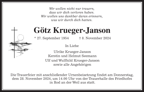 Traueranzeige von Götz Krueger-Janson von Usinger Anzeiger