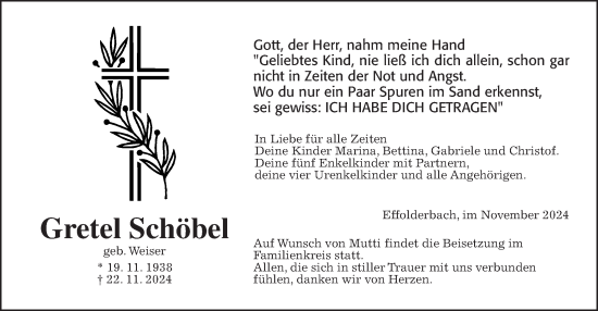 Traueranzeige von Gretel Schöbel von Kreis-Anzeiger