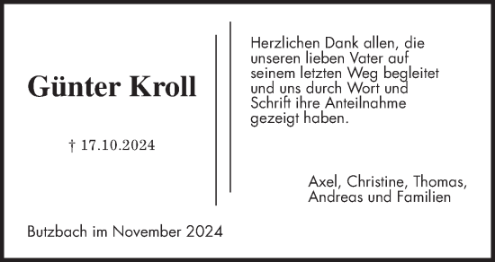 Traueranzeige von Günter Kroll von Butzbacher Zeitung