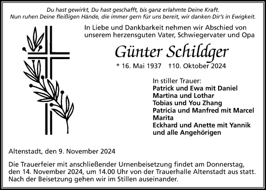 Traueranzeige von Günter Schildger von Kreis-Anzeiger