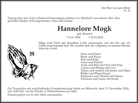Traueranzeige von Hannelore Mogk von Kreis-Anzeiger