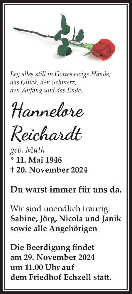 Traueranzeige von Hannelore Reichard von Wetterauer Zeitung