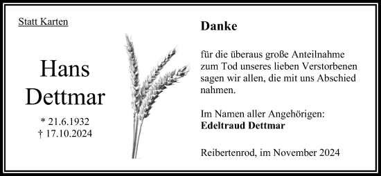 Traueranzeige von Hans Dettmar von Oberhessische Zeitung