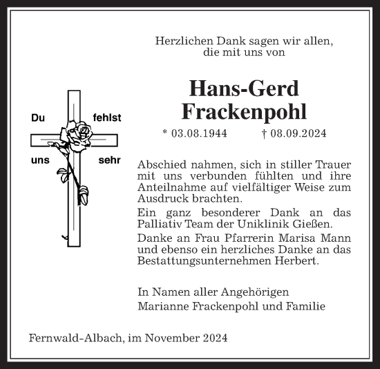 Traueranzeige von Hans-Gerd Frackenpohl von Giessener Allgemeine, Alsfelder Allgemeine