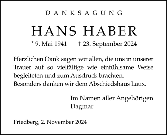 Traueranzeige von Hans Haber von Wetterauer Zeitung