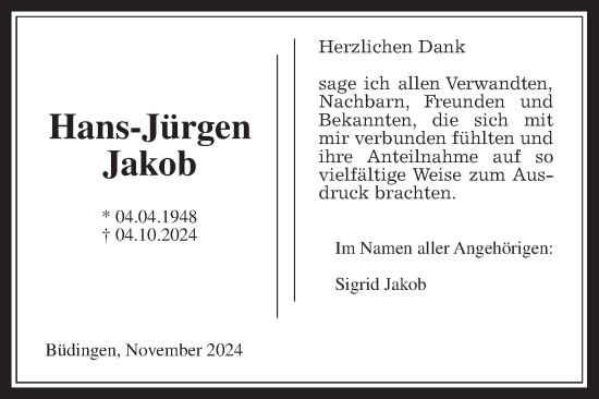 Traueranzeige von Hans-Jürgen Jakob von Kreis-Anzeiger