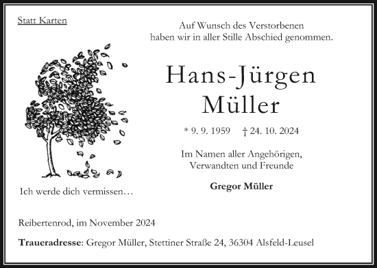 Traueranzeige von Hans-Jürgen Müller von Oberhessische Zeitung