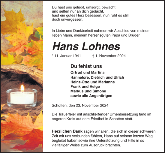 Traueranzeige von Hans Lohnes von Kreis-Anzeiger