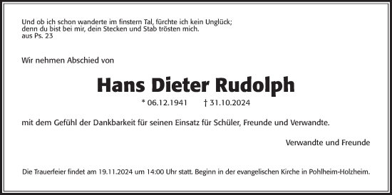 Traueranzeige von Hans Dieter Rudolph von Giessener Anzeiger, Giessener Allgemeine, Alsfelder Allgemeine