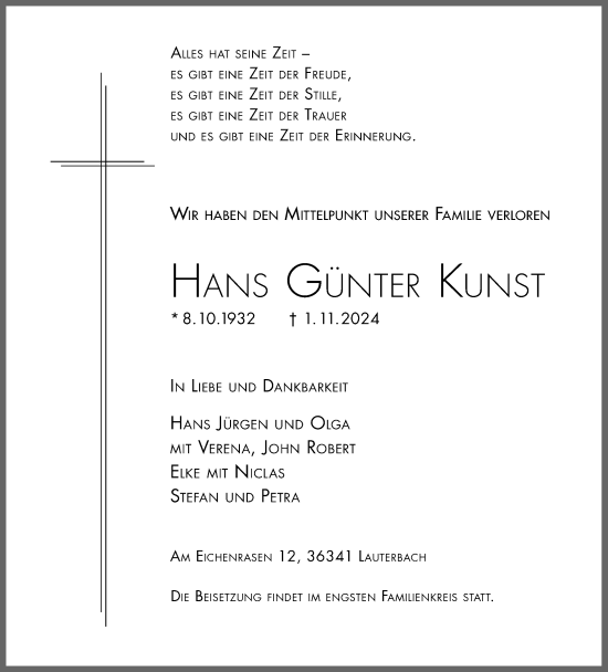 Traueranzeige von Hans Günter Kunst von Lauterbacher Anzeiger