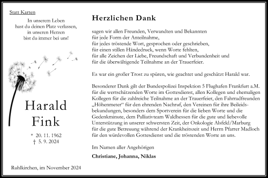Traueranzeige von Harald Fink von Oberhessische Zeitung