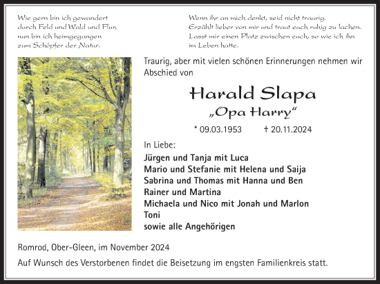Traueranzeige von Harald Slapa von Oberhessische Zeitung