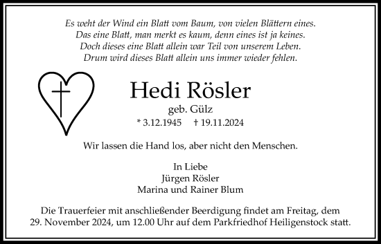 Traueranzeige von Hedi Rösler von Bad Vilbel/Karben