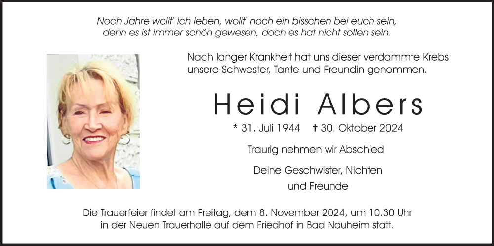  Traueranzeige für Heidi Albers vom 02.11.2024 aus Wetterauer Zeitung