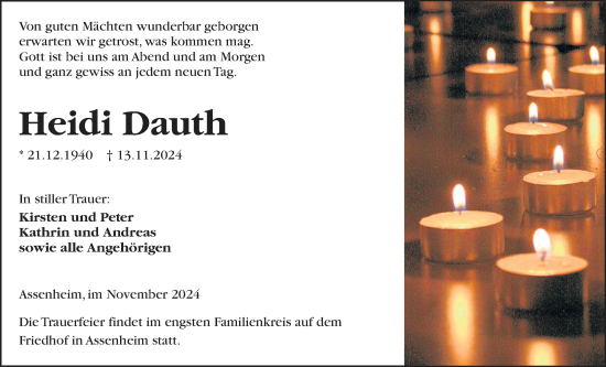 Traueranzeige von Heidi Dauth von Wetterauer Zeitung