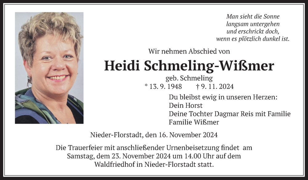  Traueranzeige für Heidi Schmeling-Wißmer vom 16.11.2024 aus Wetterauer Zeitung