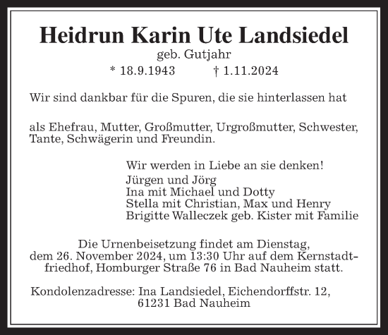 Traueranzeige von Heidrun Karin Ute Landsiedel von Wetterauer Zeitung