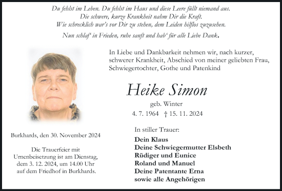 Traueranzeige von Heike Simon von Kreis-Anzeiger