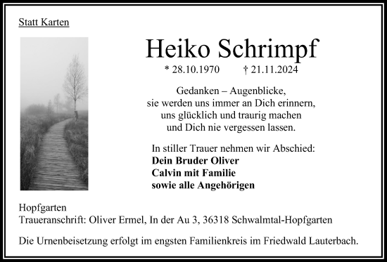 Traueranzeige von Heiko Schrimpf von Oberhessische Zeitung