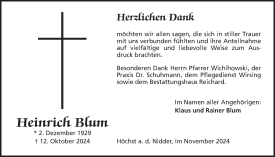 Traueranzeige von Heinrich Blum von Kreis-Anzeiger