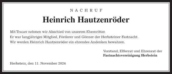 Traueranzeige von Heinrich Hautzenröder von Lauterbacher Anzeiger