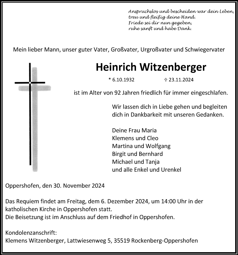  Traueranzeige für Heinrich Witzenberger vom 30.11.2024 aus Butzbacher Zeitung, Wetterauer Zeitung