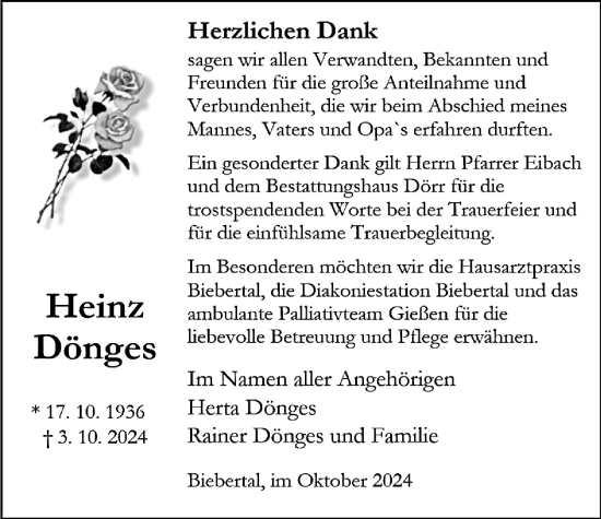 Traueranzeige von Heinz Dönges von Giessener Anzeiger