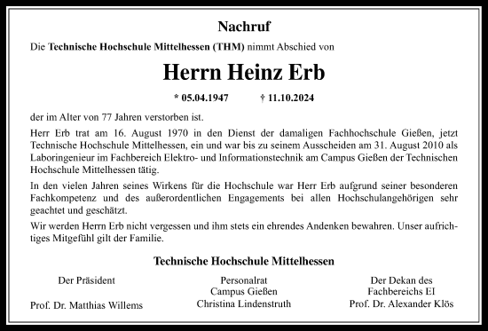 Traueranzeige von Heinz Erb von Giessener Anzeiger, Giessener Allgemeine, Alsfelder Allgemeine
