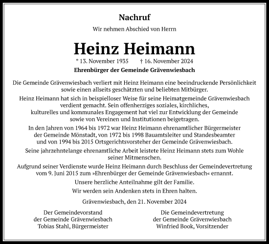 Traueranzeige von Heinz Heimann von Usinger Anzeiger