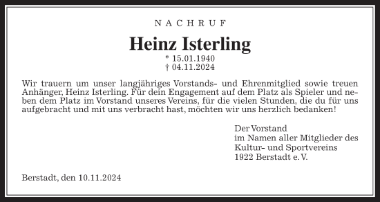 Traueranzeige von Heinz Isterling von Wetterauer Zeitung