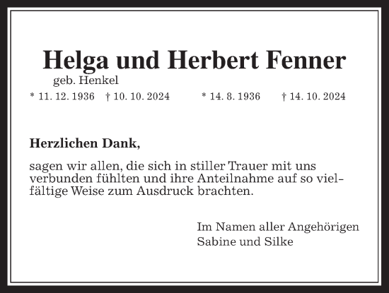 Traueranzeige von Helga Fenner von Giessener Allgemeine, Alsfelder Allgemeine