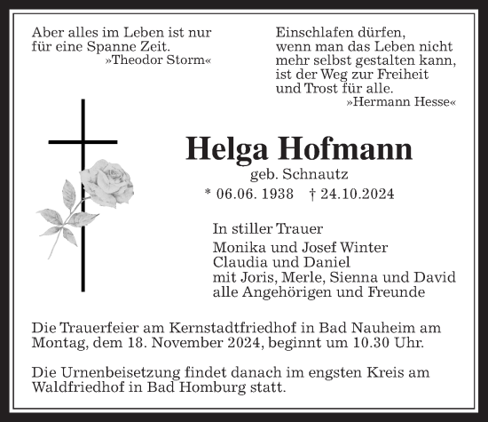 Traueranzeige von Helga Hofmann von Wetterauer Zeitung